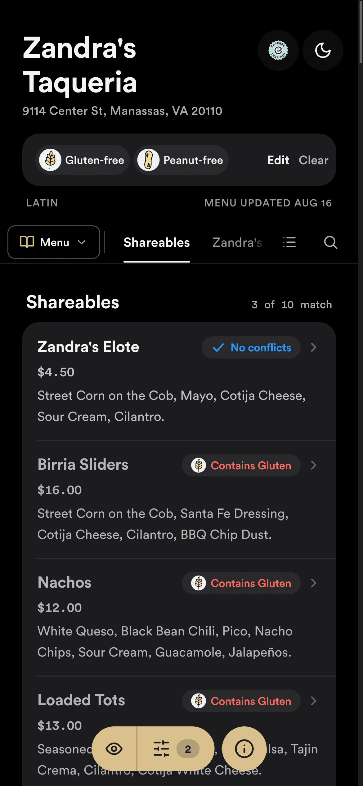 EatFree menu for Zandra's Taqueria showing allergen verdicts on every dish