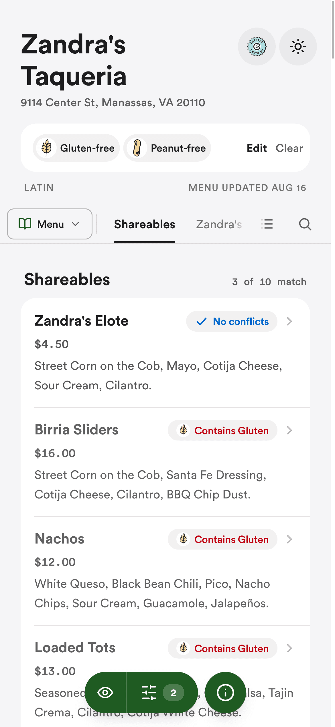 EatFree menu for Zandra's Taqueria showing allergen verdicts on every dish