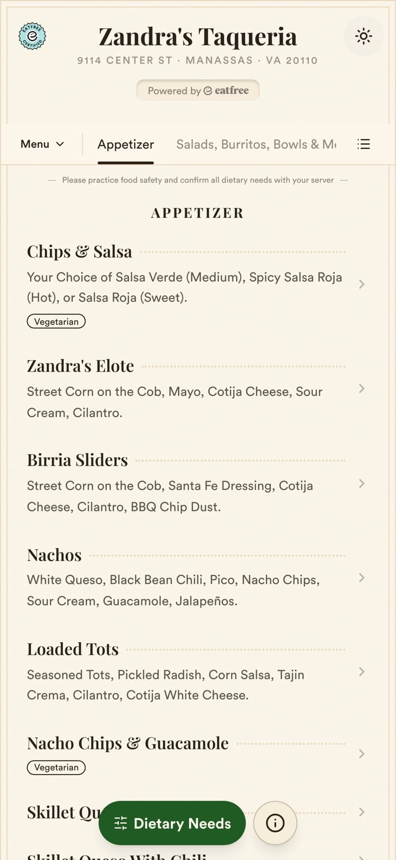 A restaurant menu on EatFree