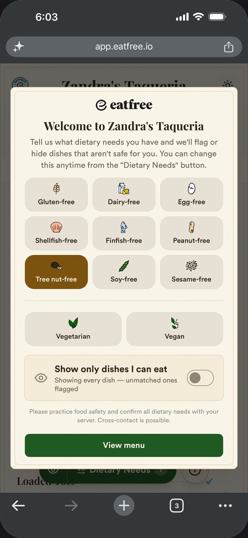 A guest choosing their allergens on an EatFree menu