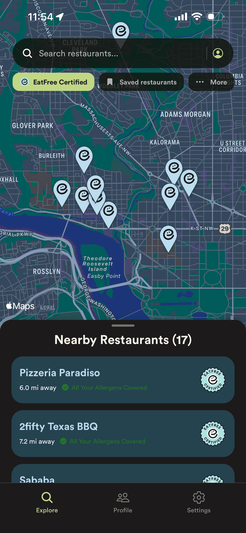 EatFree app showing nearby restaurants on a map