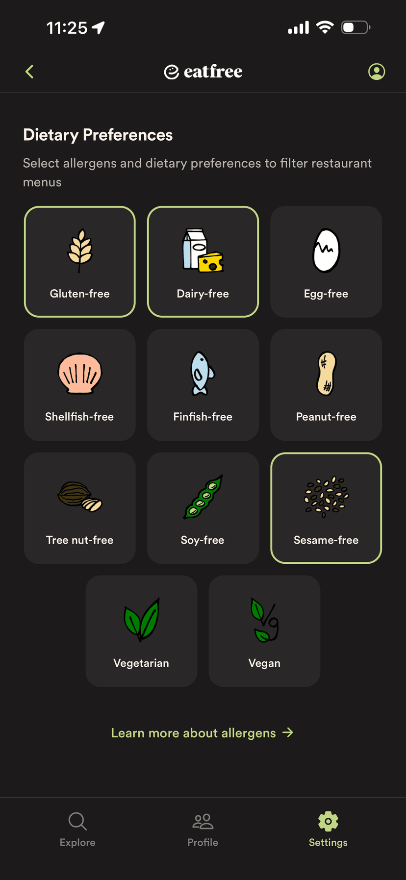 EatFree dietary preferences screen