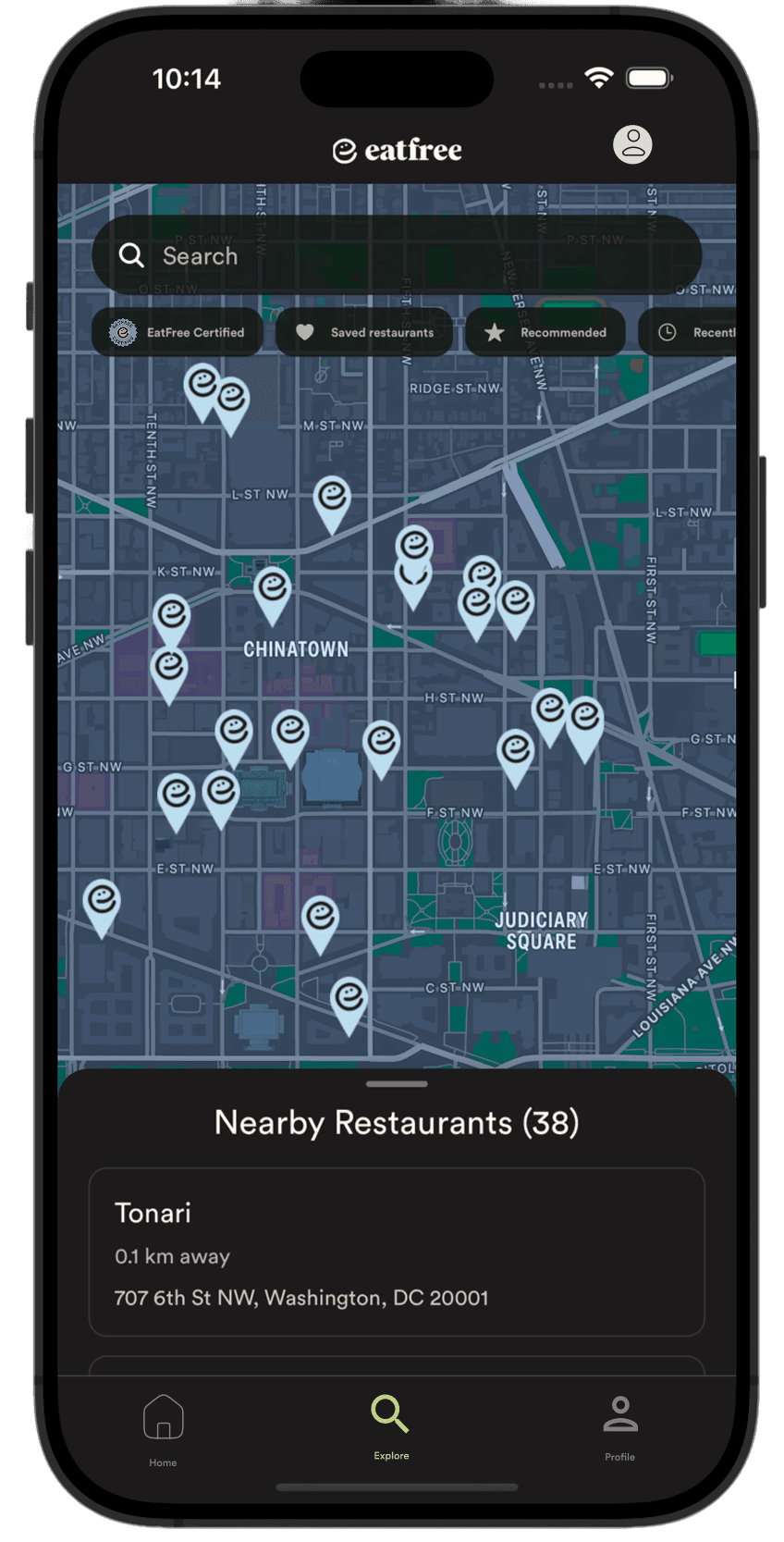 EatFree app interface showing restaurant exploration and search